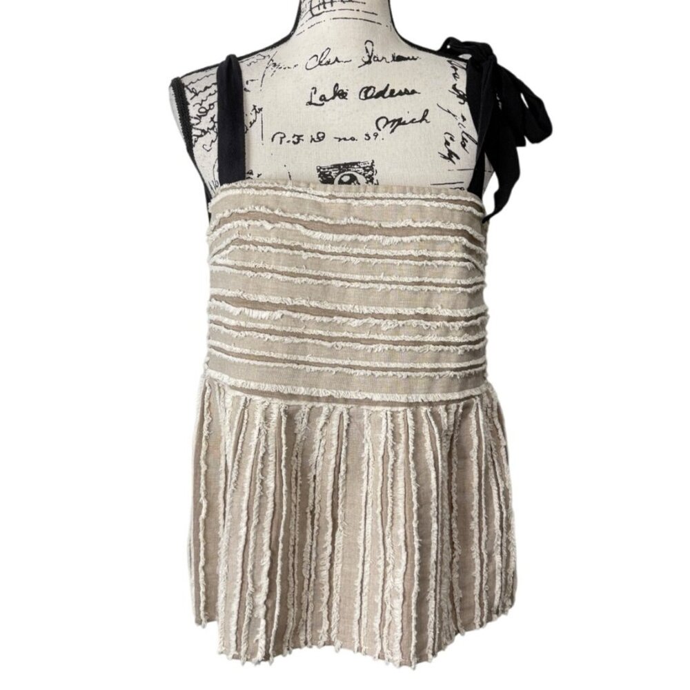 Anthropologie Maeve Soeli Textured Fringe Tank Top Black Ribbon Strap Size M - Picture 2 of 8
